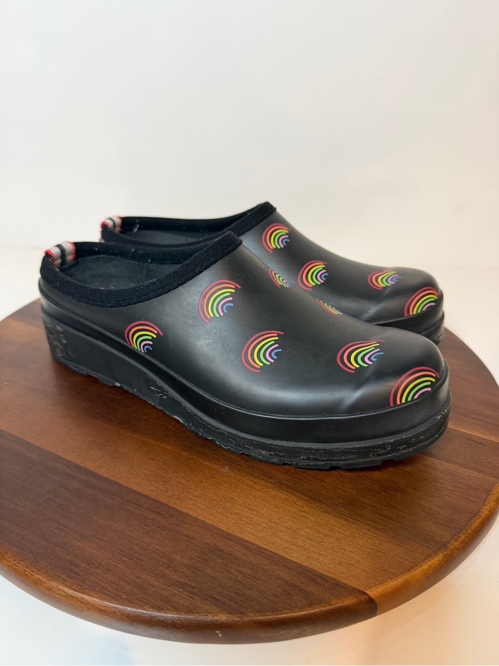 Hunter Original Play Clog Rainbow Print Waterproof Black Garden Mule Shoes US 6